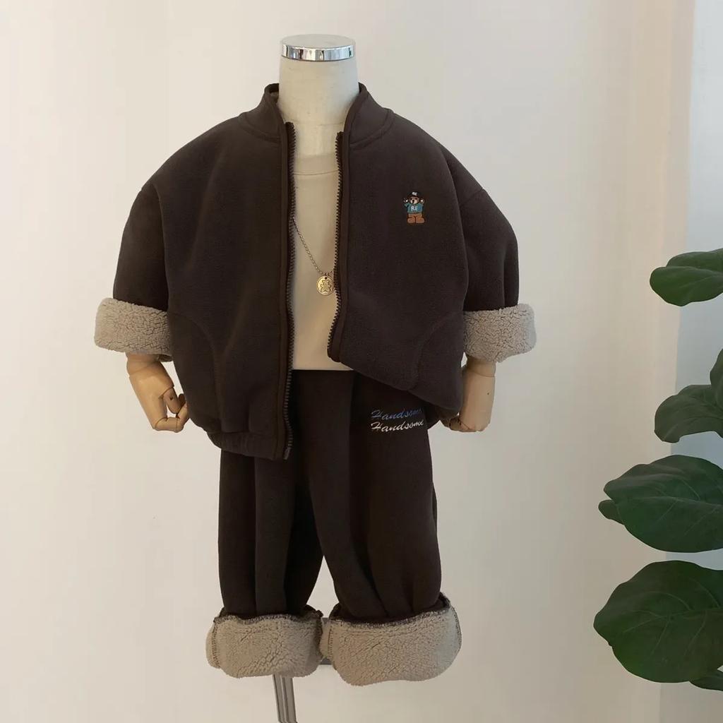 Boys Plus Velvet Thick Jacket Winter Children's Clothing Polar Fleece Children's Baby Warm Jacket Trousers Two-piece Suit