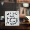 Funny New Home Wooden Sign. Rustic "New Memories" Box Art for Shelf or Desk Decor. 5x5 Inches.