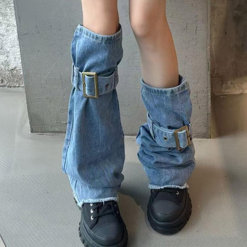 Harajuku Blue Leg Covers with Buckled Strap Washed Jeans Leg Warmer Flared Socks