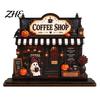Coffee Lovers Holiday Gifts Wooden Halloween Bar Sign, Fall Harvest Tabletop Decor Plaque with Pumpkin And Ghost Home Cat, Retro Shop Ornament