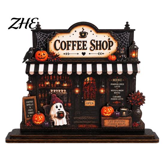 Coffee Lovers Holiday Gifts Wooden Halloween Bar Sign, Fall Harvest Tabletop Decor Plaque with Pumpkin And Ghost Home Cat, Retro Shop Ornament