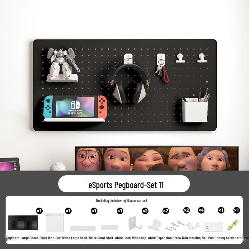 Esports Gaming Desk with Pegboard Wall Organizer and Equipment Rack