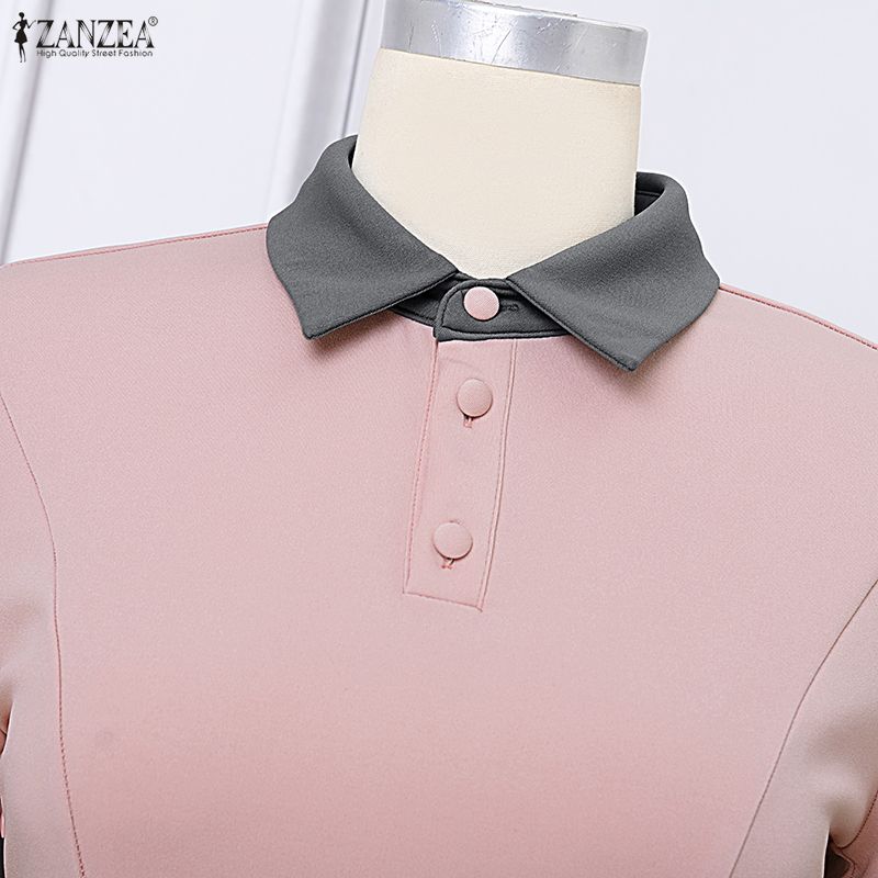 ZANZEA Women Summer Casual Short Sleeve Splice Polo Dress