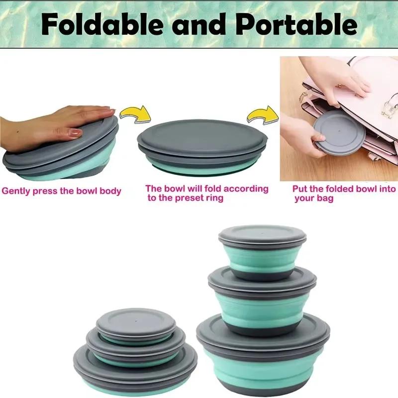 1 Set Portable Folding Lunch Box Bowl Sets Silicone Food Container Outdoor Camping Tableware Set Foldable Salad Bowl with Lid