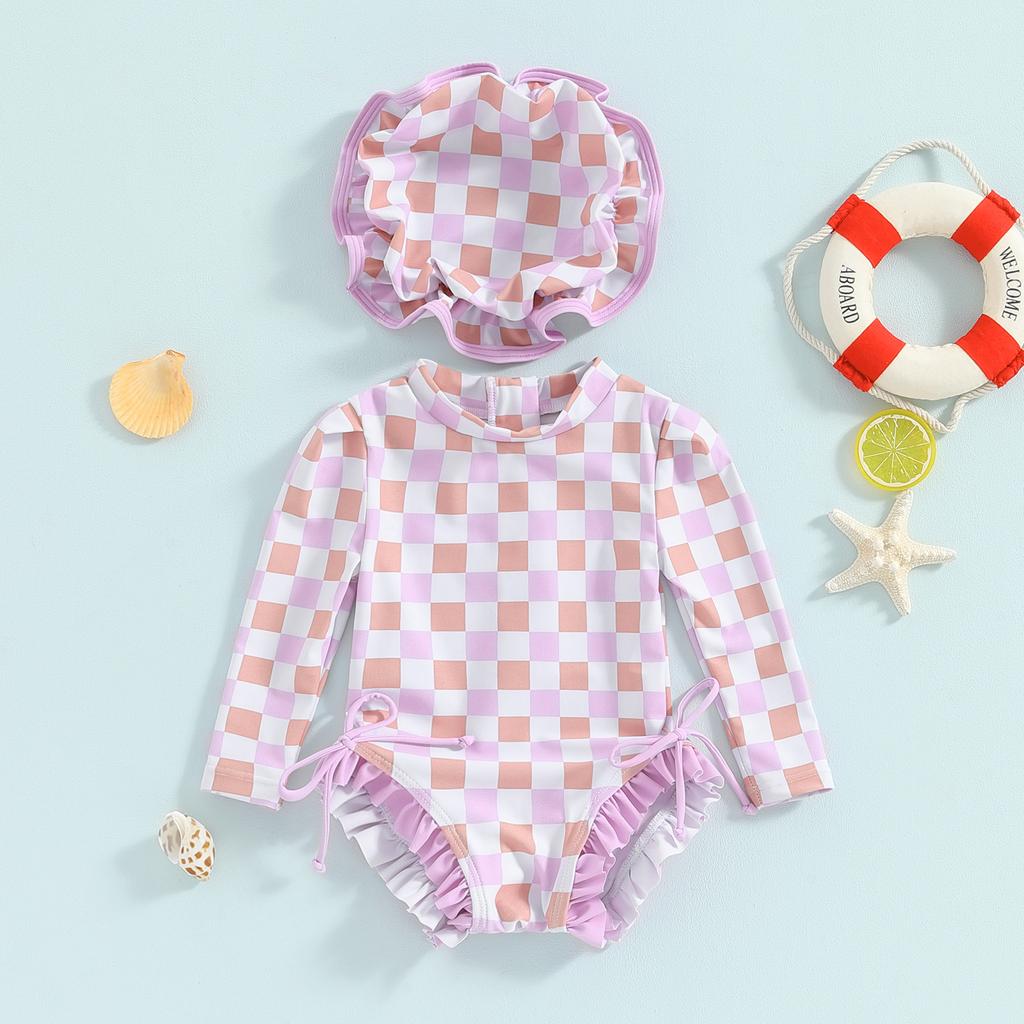 Baby Girl Rash Guard Swimsuit Long Sleeve Floral/Ice Cream Print Bathing Suit Infant Swimwear with Sun Hat