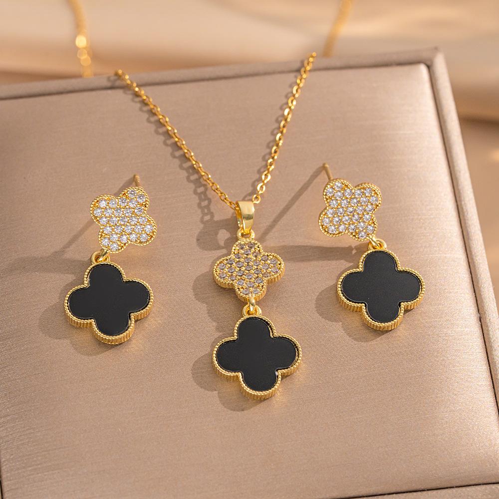 2PCS High-Quality Elegance Luxury Full Zircon Heavy Metal Plated Solid Gold Electroplated Copper Micro-Faceted Earrings Necklace Set Combo