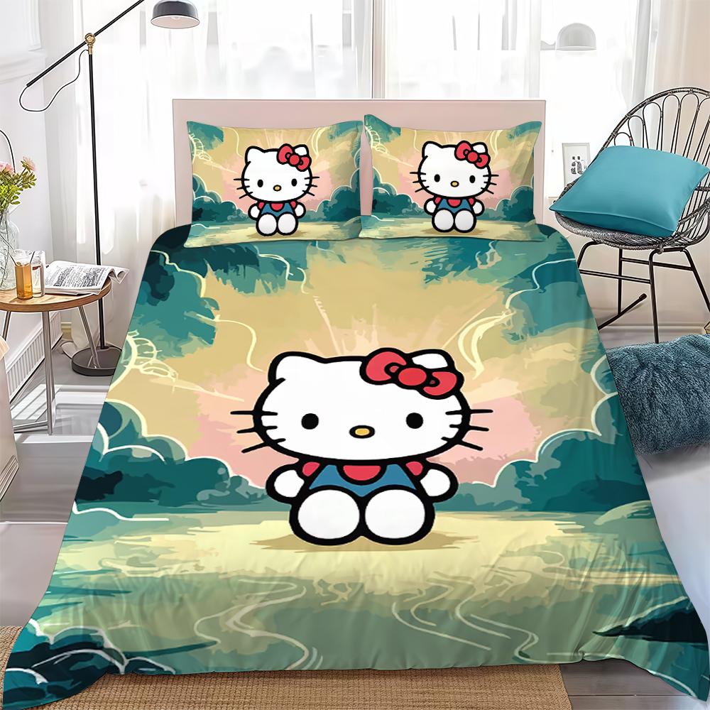

H-Hello Kitty Kawaii Duvet Cover Set Home Style Bedding Soft Laundry Cotton Bed 3 Piece Set Student Dormitory Gift 135x200cm