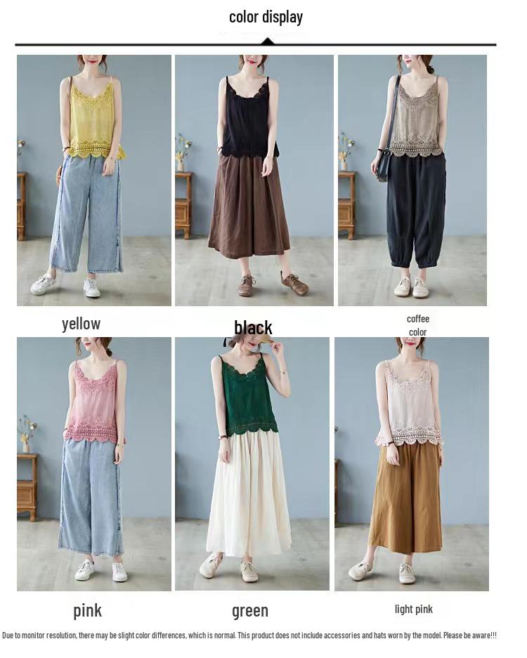 Women's Summer Lace Applique Tank Top – Sleeveless, Sexy, Loose Cotton T-Shirt with Lace Edging