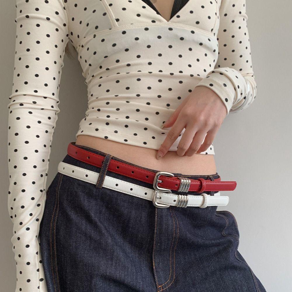 Women's Fashion Korean Style PU Leather Belt Simple Versatile Trendy Waistband Pin Buckle Thin Belt Dresses Decoration