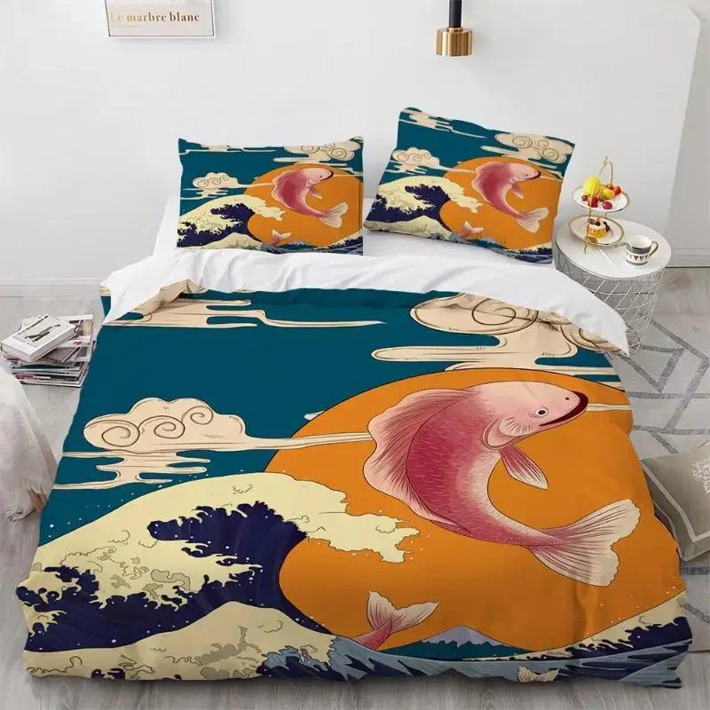 Sada povlaků na přikrývku Wave Vzor Hokusai Japonský povlak na přikrývku Ukiyoe Orientální styl náčrtu Ocean Queen Twin Polyesterová sada povlečení