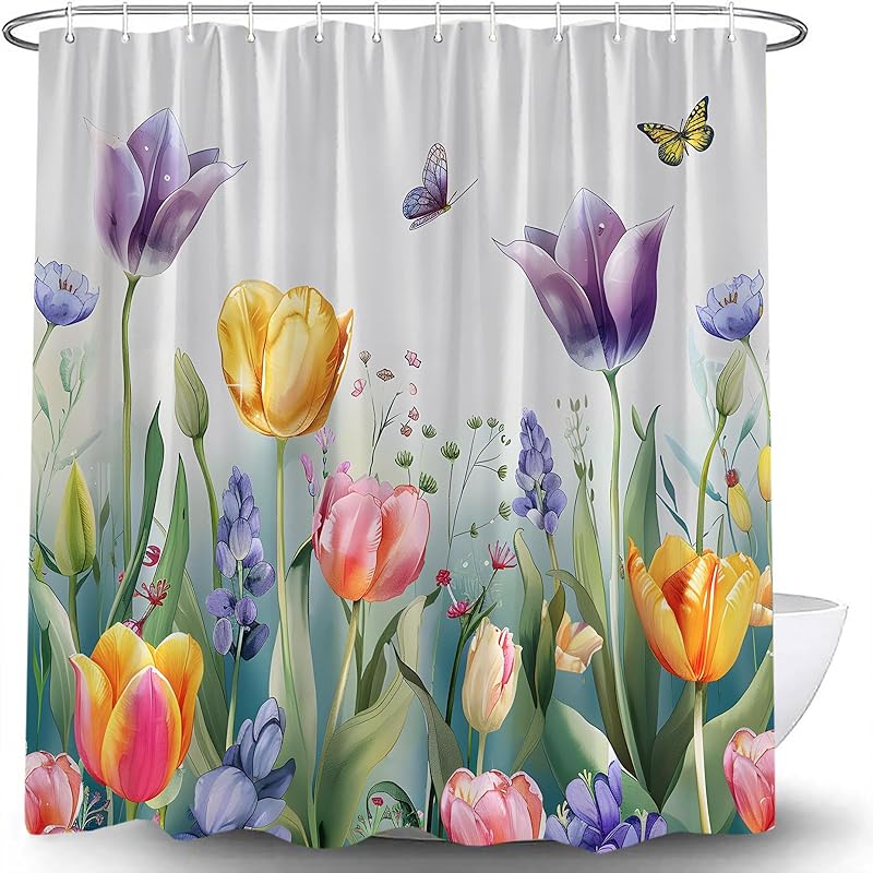Цветочный Растение Душевая Занавеска Весна Розовый Желтый Фиолетовый Цветок Тюльпан Бабочка Зеленые Листья Акварель Цветочный Растение Современный Сад Пейзаж Природа Сельский 70 WX70 L