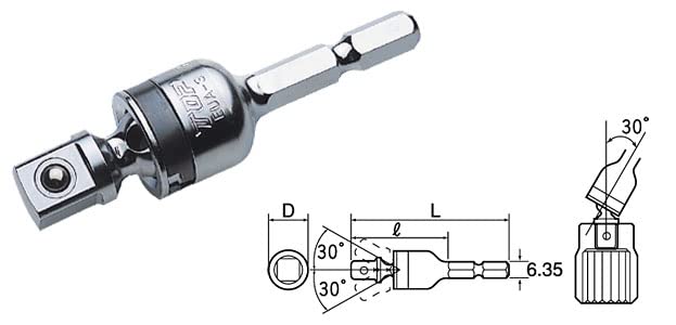 TOP Electric Drill Universal Socket Hex Shank to inch Swivel Japan Adapter, 3/8 Square, 30° Angle, EUA-3, Tsubame-Sanjo,