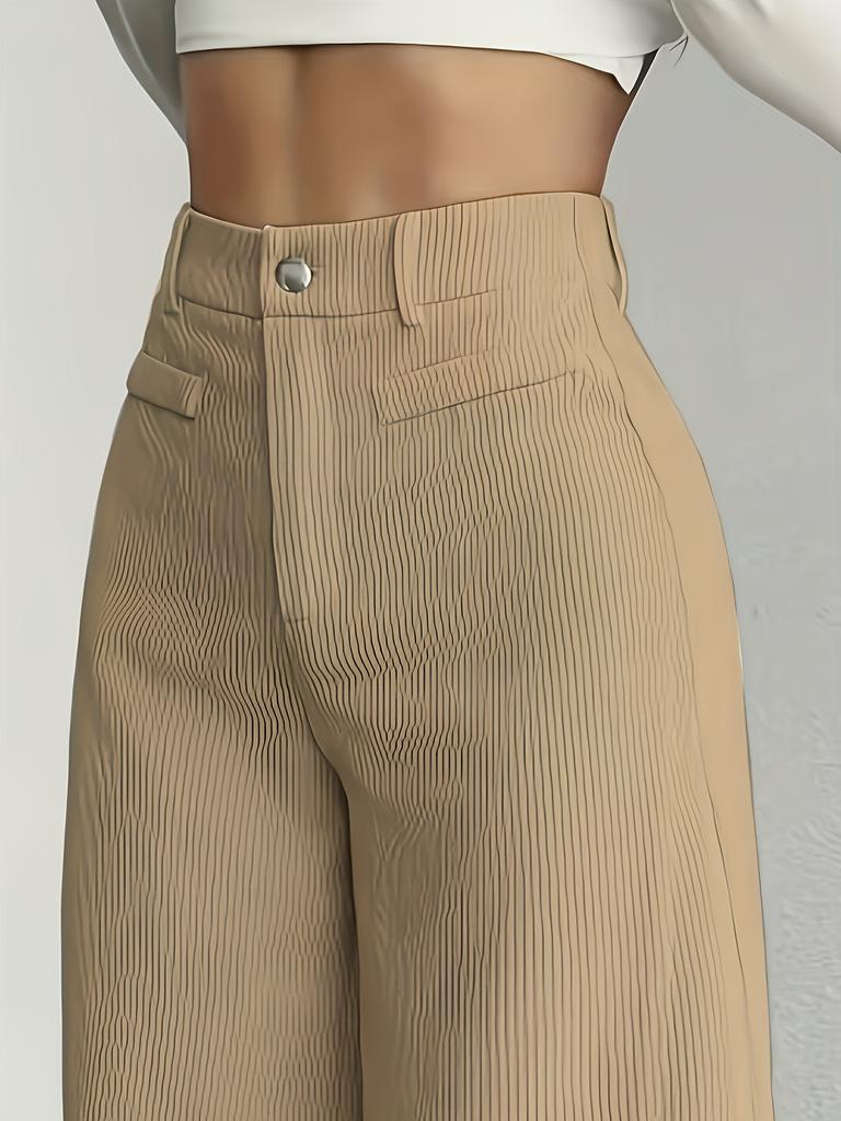 Women's High Waist Wide Leg Pants, Basic Casual Trouser with Button Detail, Solid Grey