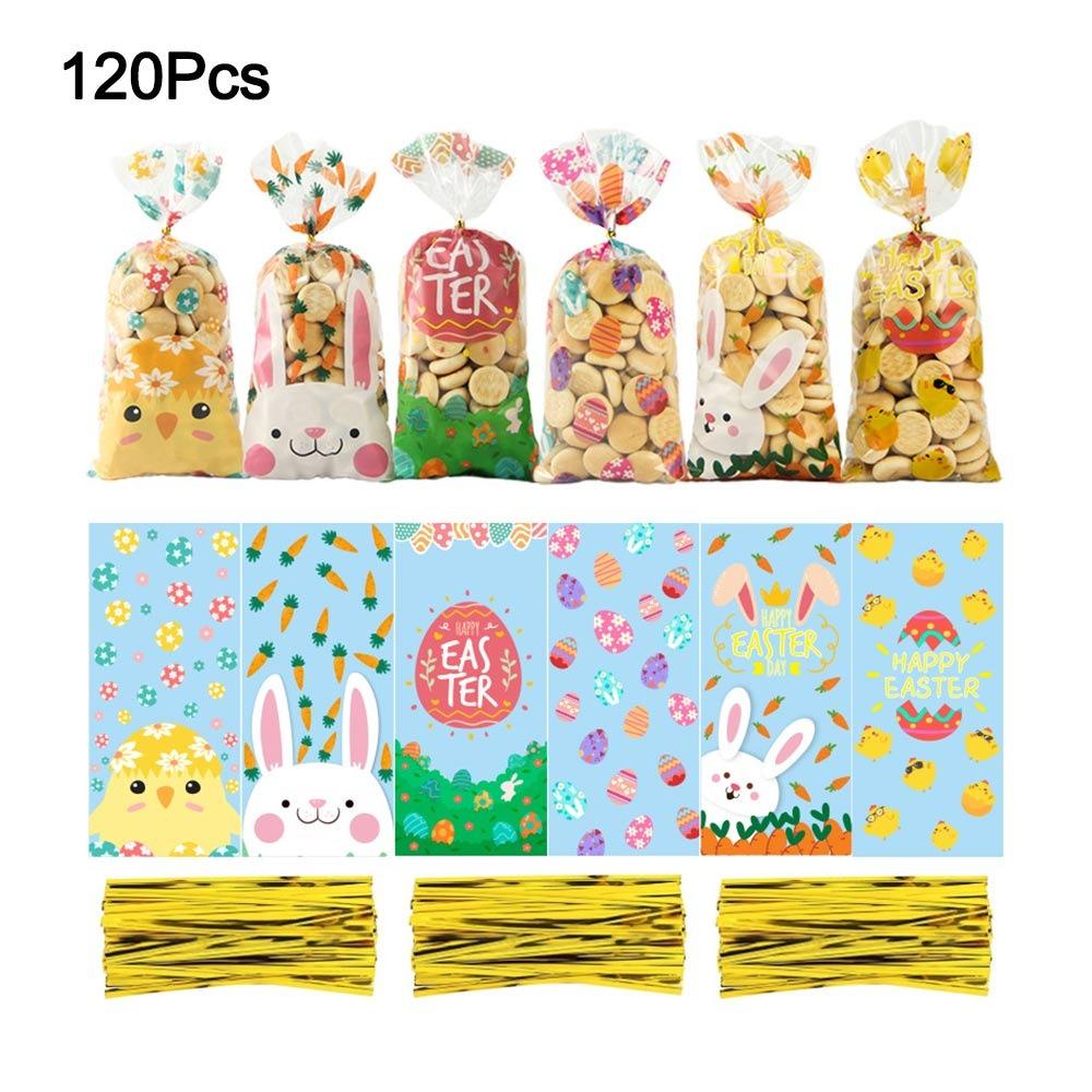 

120/180Pcs Cute Easter Eggs Easter Candy Bags Easter Rabbit Transparent Biscuit Package Pouch Rabbit Cookie Bags Easter