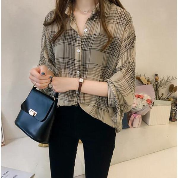 Early Autumn New Plus Size Checkered Shirt Women's Long Sleeved Hong Kong Style Top Chic Shirt