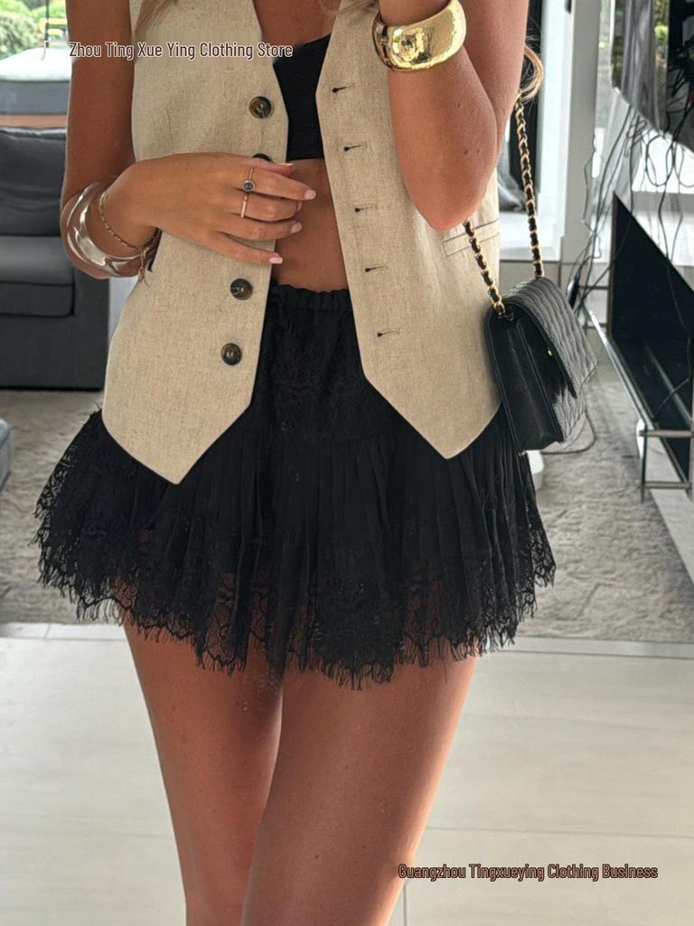 High-Waisted Pleated Lace Mini Skirt - Women's Classic Retro Streetwear for Club Party