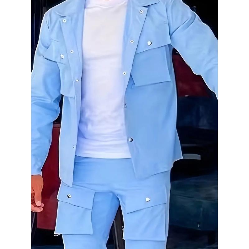 Men's, Solid Color Long Sleeve Button Down Jacket with Chest Pocket and Drawstring Pants with Multiple Pockets, Outdoor 2 Piece Set