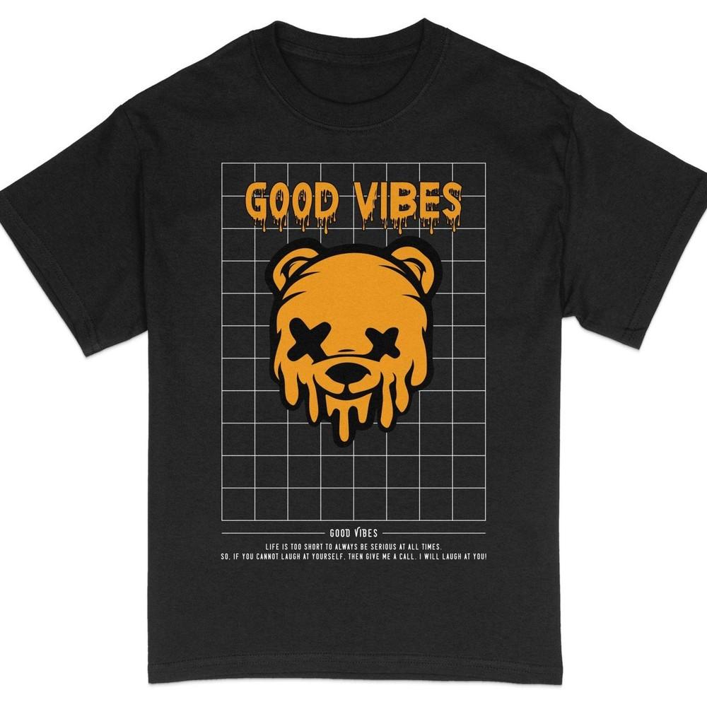 Good Vibes Dripping Letters Bear Face Graphic Tee, Streetwear Unisex T-Shirt#26 Unisex T-Shirt XXXL