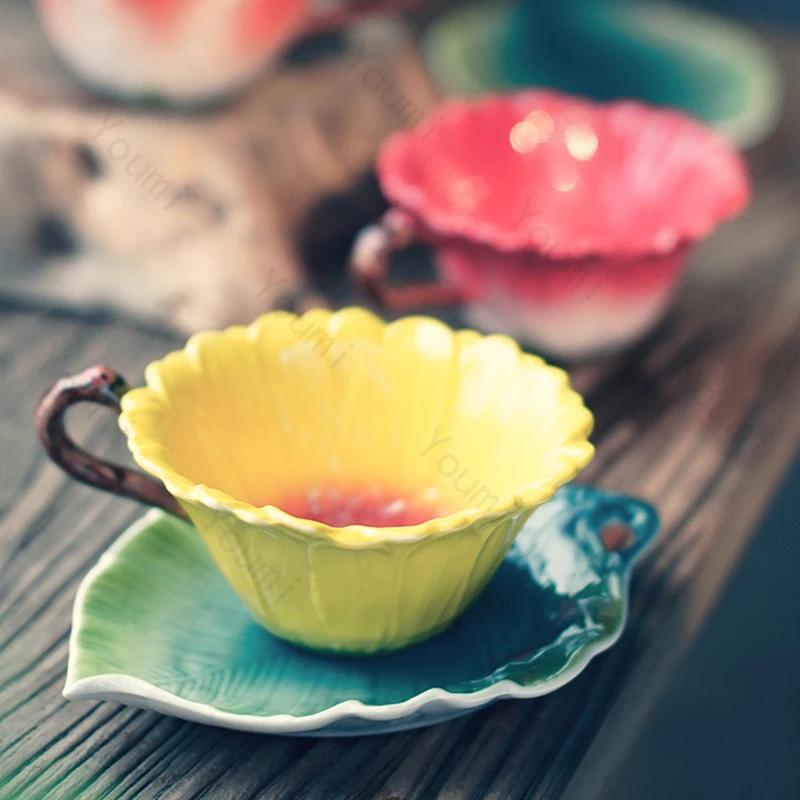 French style enamel coffee cups high end exquisite Hand drawn flowers afternoon tea cup Plate sweet household tableware gifts