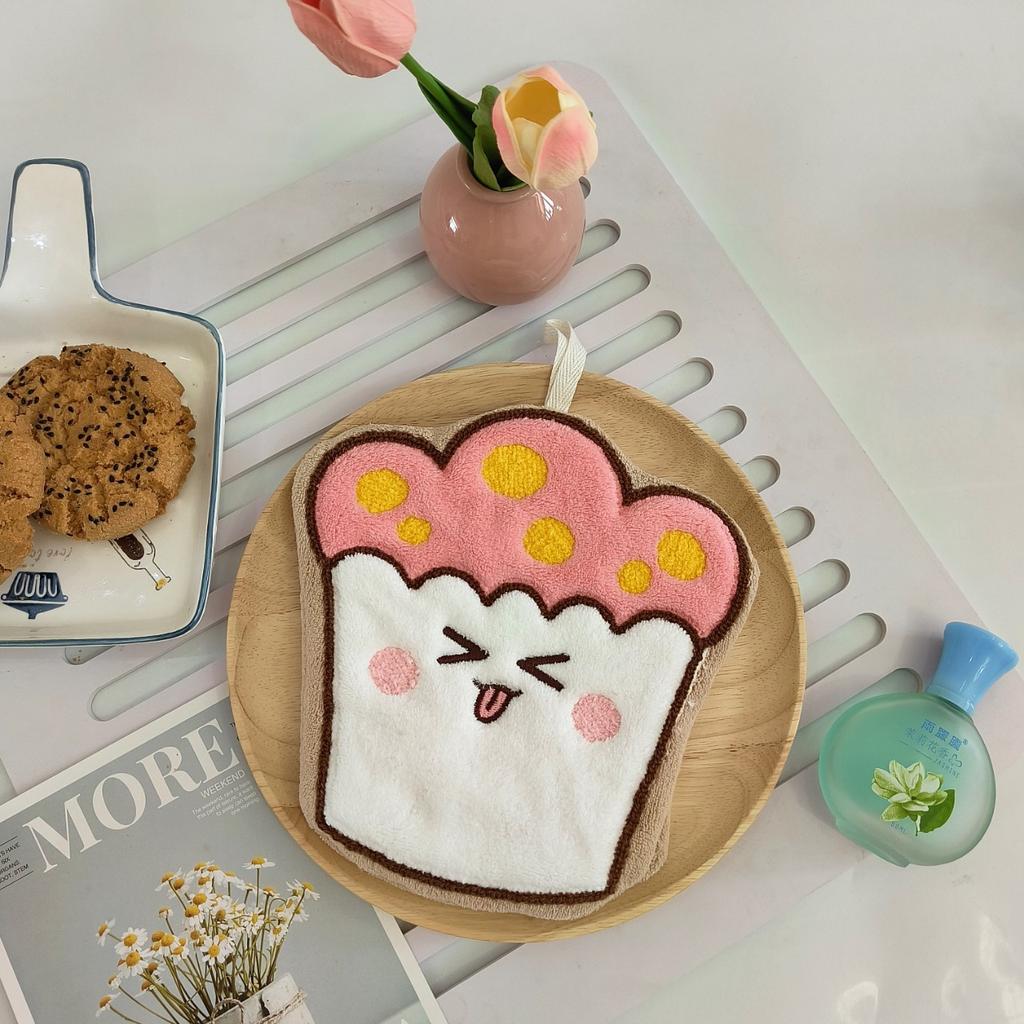 Korean version of cute cartoon hand towel hanging three-layer thickened coral fleece kitchen hand towel