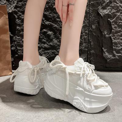 Sneakers alla Moda con Tacco 9.5cm Rete Pelle Microfibra Bianca Sneakers con Plateau per Donna Scarpe Sneaker Moda con Plateau Chunky da Donna