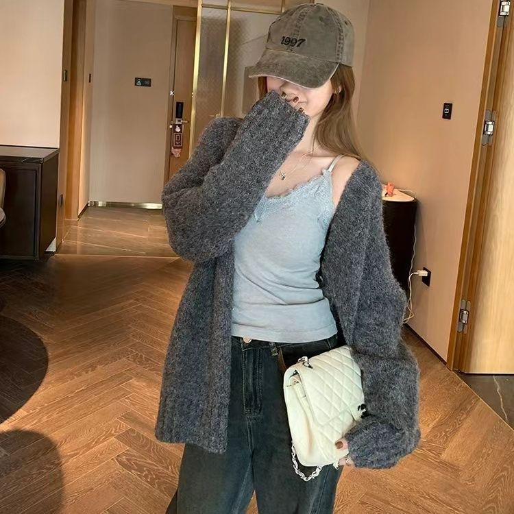 Versatile Retro Knit Cardigan - Mid-Length Solid Color for Spring and Autumn