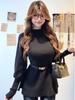 2025 Winter Women's Belted Wool Sweater with Half-High Collar and Lantern Sleeves