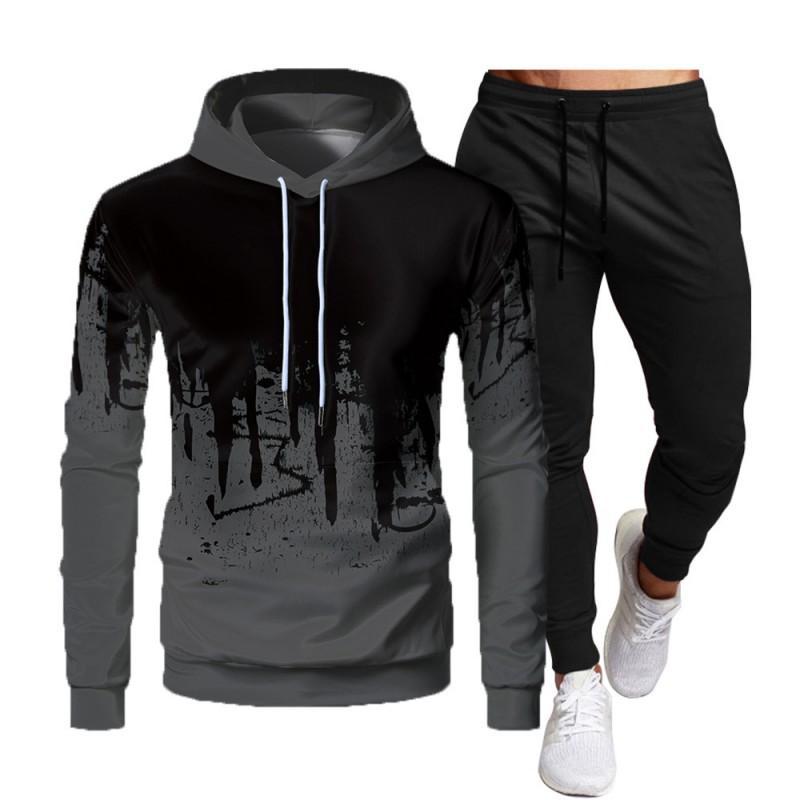 Mens Casual Tracksuit Long Sleeve Hooded Sweatshirt Pants Set Sportswear