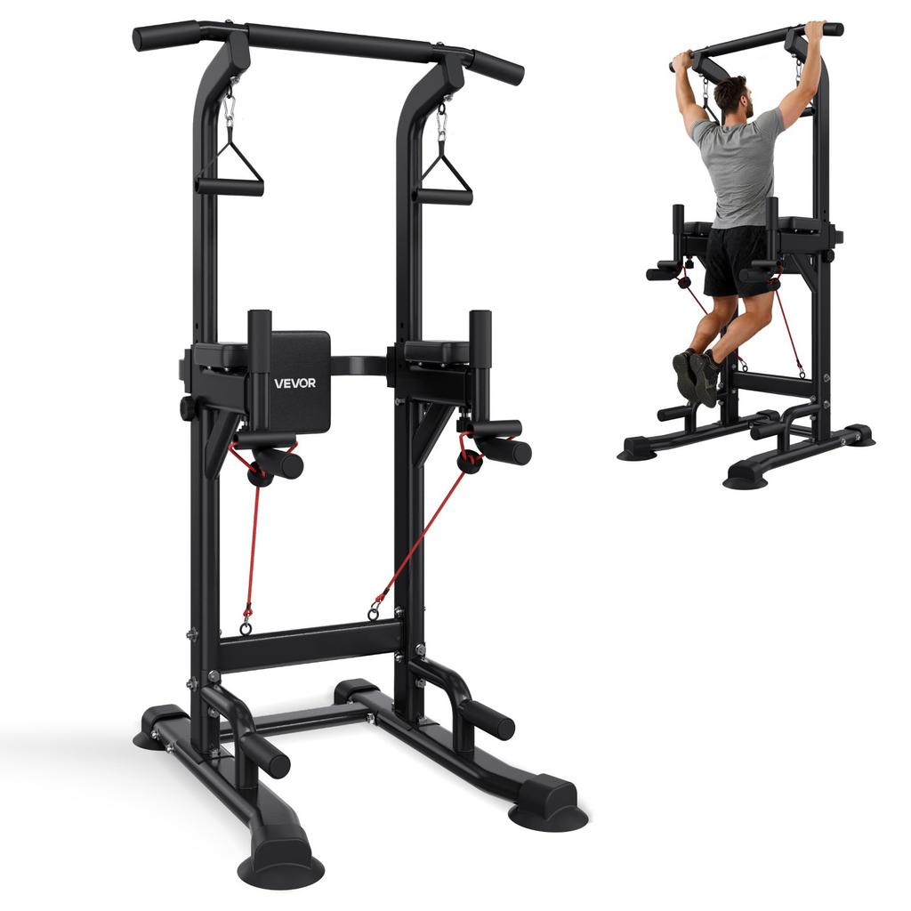VEVOR Pull Up Bar, 150kg Power Tower Dip Station, Workout Dip Station with H-Shaped Stable Base & Back Pad