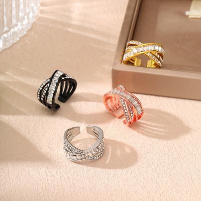 New Simple and Fashionable Diamond-encrusted Zircon Cross-opening Ring, High-end Light Luxury Cold Wind Ring