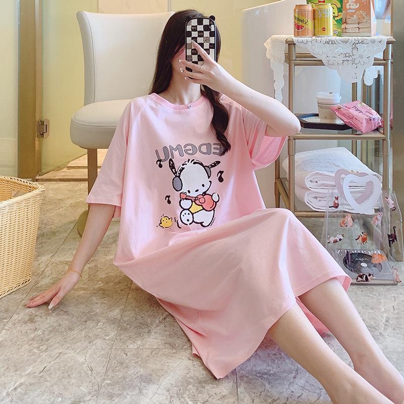 Women's Plus Size Summer Cartoon Nightdress – Lightweight, Round Neck, Short Sleeves, Mid-Length