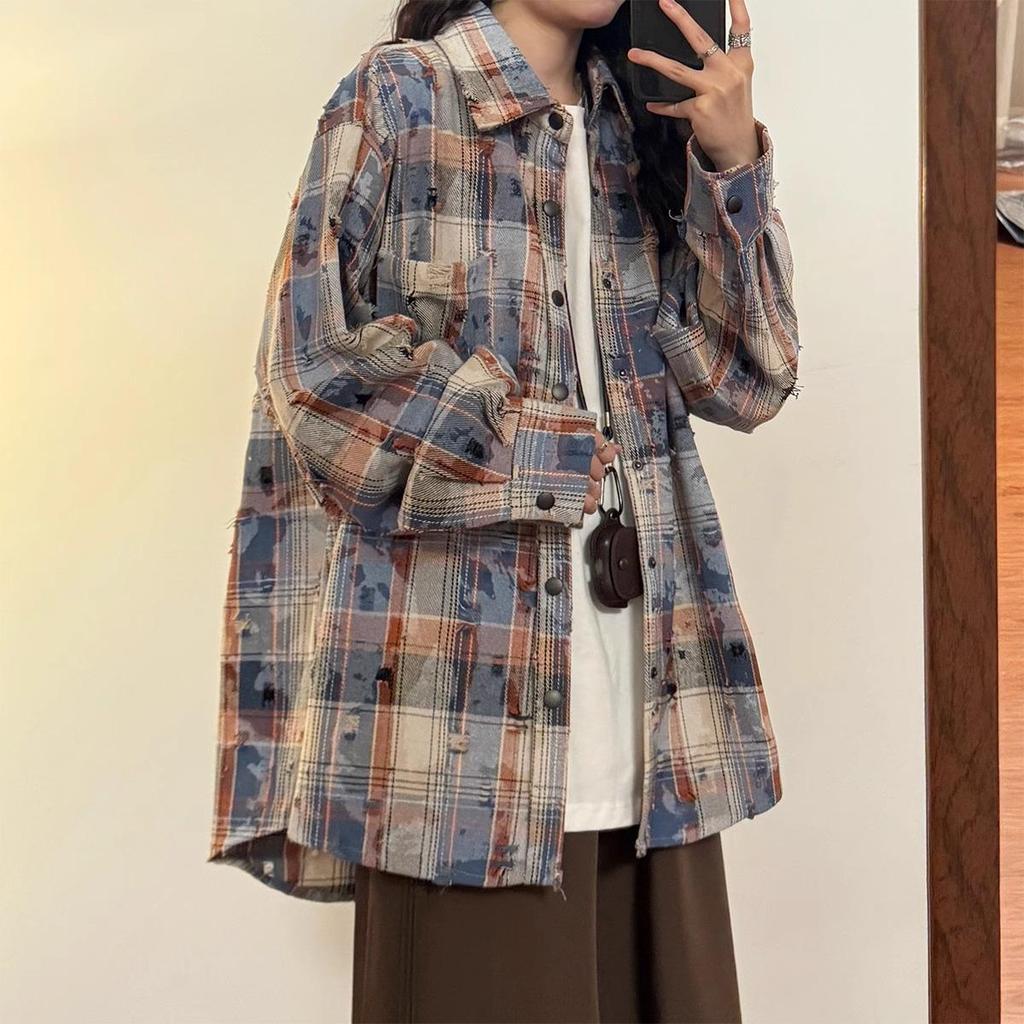 Camicia da Donna Autunno 2025 Retrò Tie-Dye a Quadri a Maniche Lunghe con Quattro Bottoni