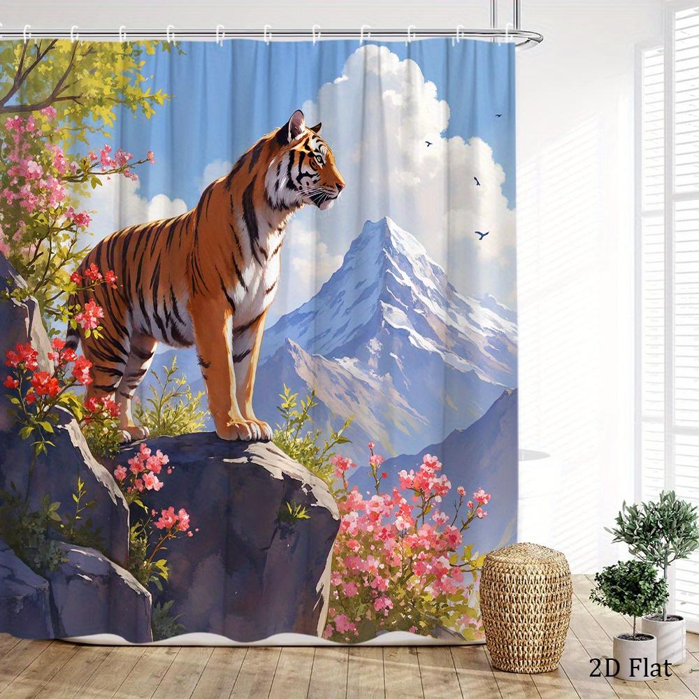 Bengal Tiger Shower Curtain Mountain Landscape Print With Flowers Polyester Bath Curtain With Hooks For Nature Decor