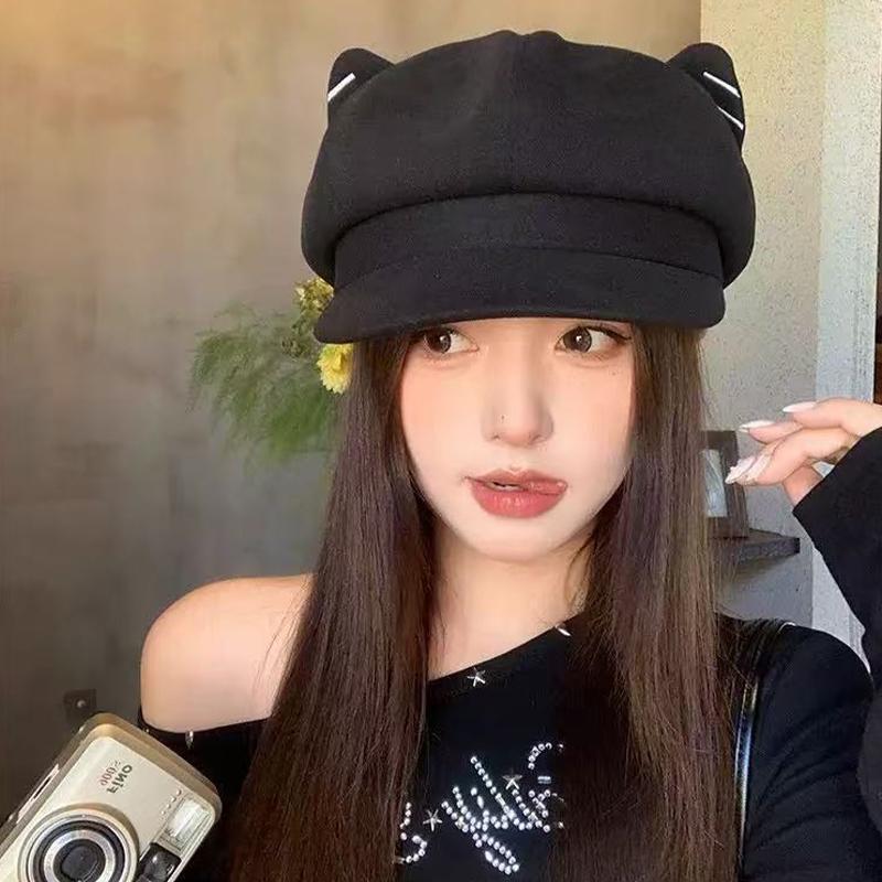 Japanese Style Cute Woolen Cat Ear Beret For Women Autumn And Winter Duckbill Octagonal Hat