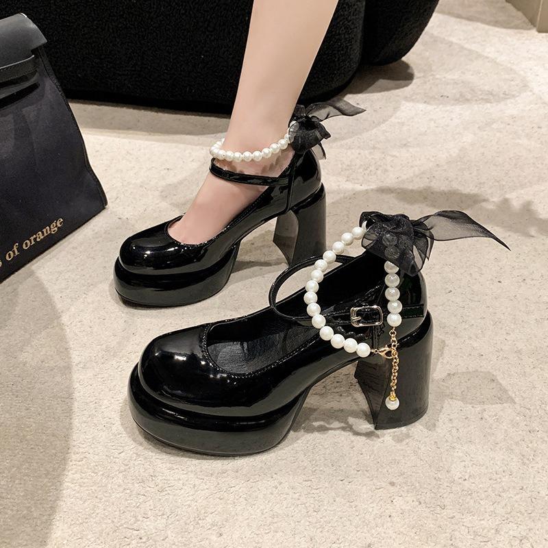 Fashion Mary Jane Shoes Women's Spring New Ultra-high Heel Pearl Chain Platform Block Heel Wedding Shoes Pumps Pearl Buckle Lolita Shoes