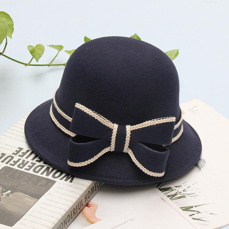 Retro Bow Woolen Hat Women's Autumn and Winter Warm Fashion Top Hat British Bucket Hat