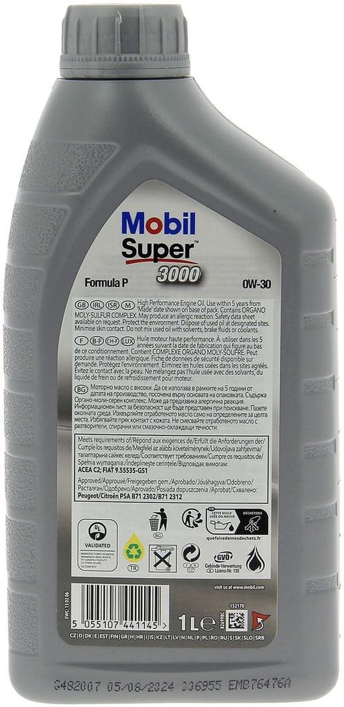 Huile moteur 0W-30 Synthétique - MOBIL - Super 3000 - Formula-P -bidon 1L - haute performance