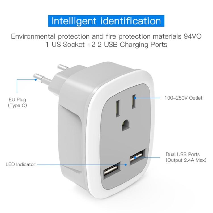 Multifunctional US to European/UK/IT/for CH Travel Plug Adapter with 2 USB 3 in