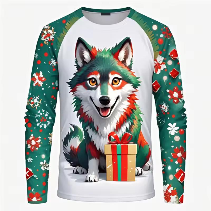 3D Print Animal Husky Graphic Long Sleeve T Shirt For Men Merry Christmas Crewneck Oversized Tshirts Clothes Mens Tee Tops