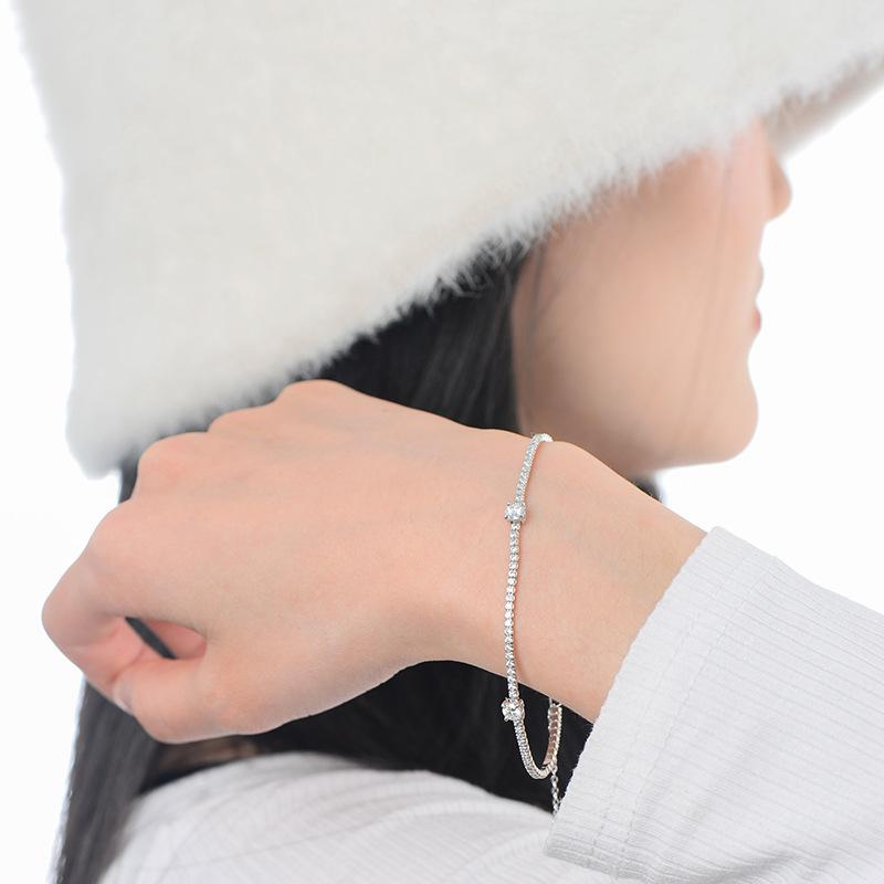 Sterling Silver S925 Mosang Diamond Bracelet with Three Diamonds and 30 Points Advanced Full Diamond Bracelet, Simple and Luxury