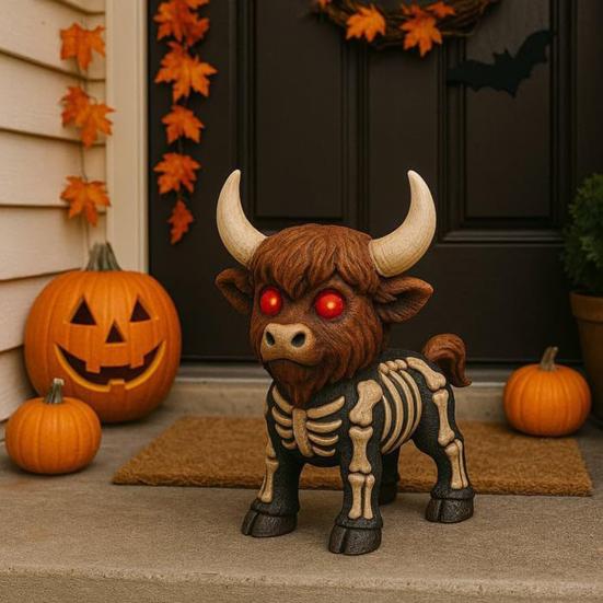 Halloween Highland Cow Figurine Spooky Skeleton Cow Statue Resin Calf Sculpture Tableop Ornament for Porch Lawn Home Kitchen Tiered Tray Decor