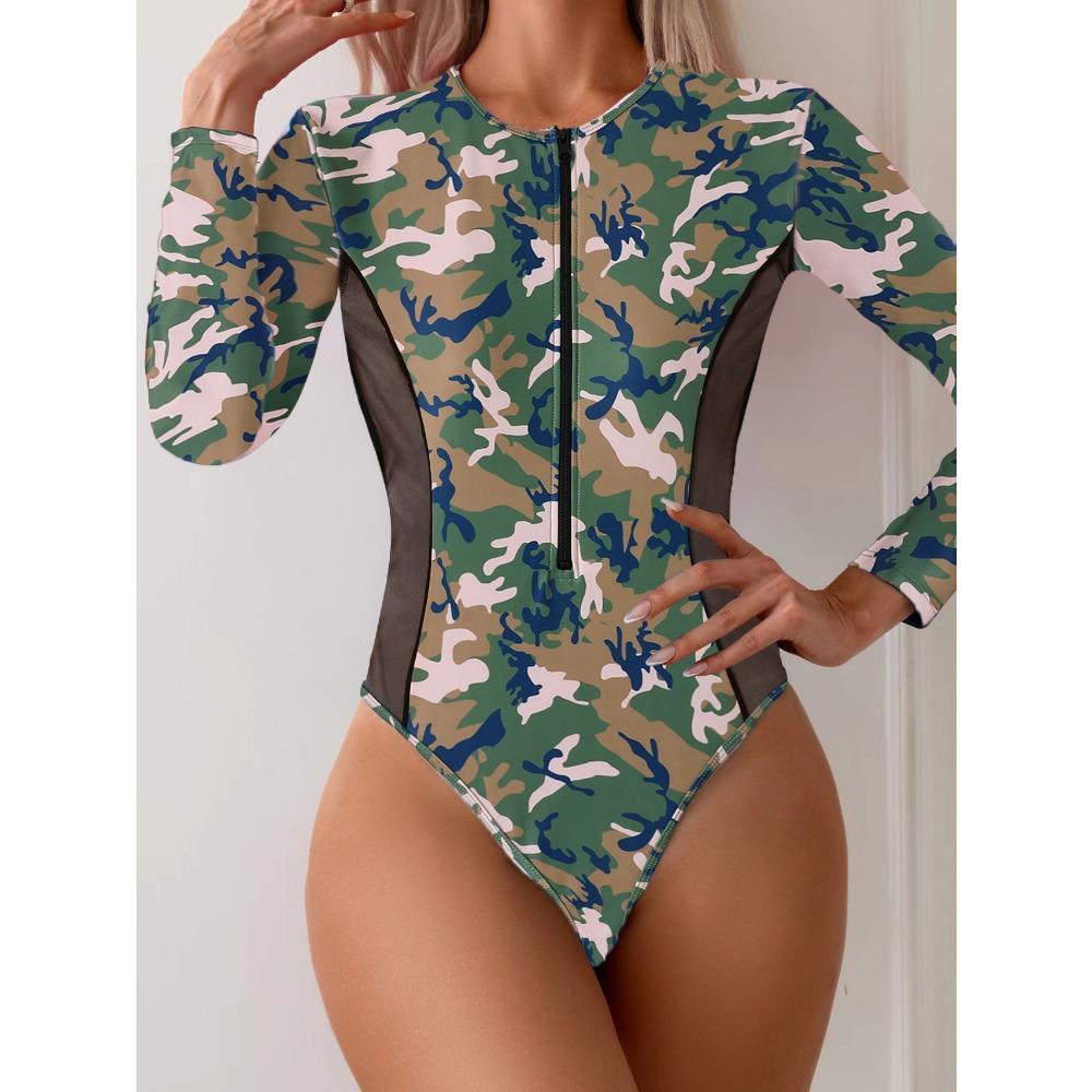 European and American Swimsuit One-piece Long-sleeved Mesh Stitching Surf Suit