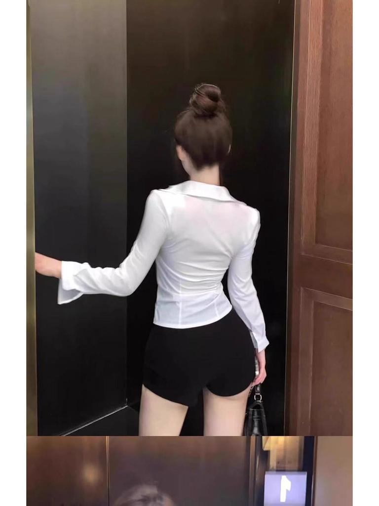 V-Neck Slim Fit Bodycon White Shirt for Women - Sexy Waist-Cinching Top with Chic Chest Design, Perfect for Autumn/Spring.