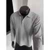 Men Black White Houndstooth Vertical Stripe Long Sleeve Polo Contrast Collar Casual Top