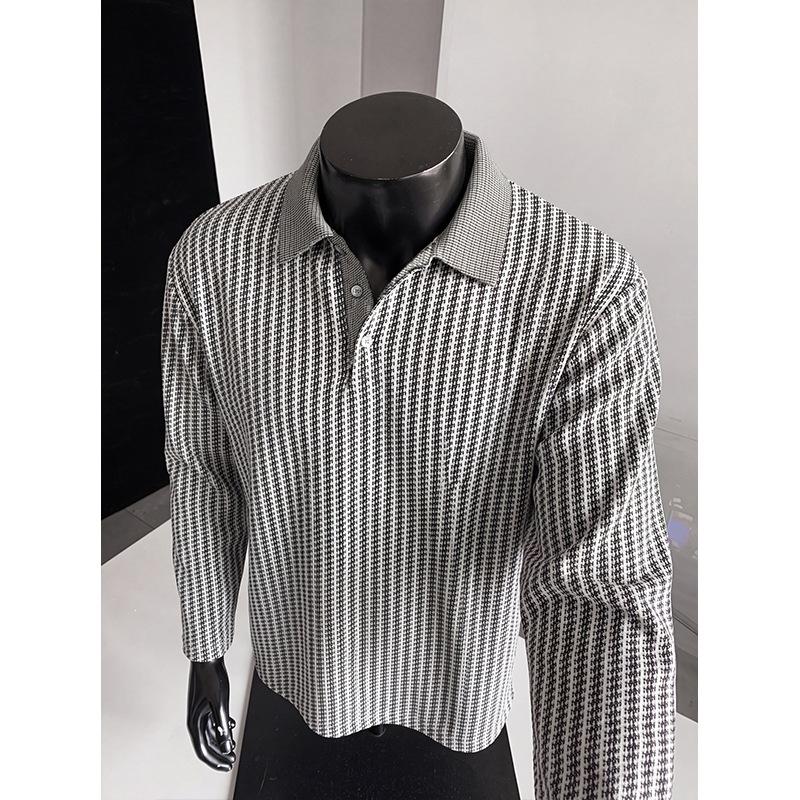 Men Black White Houndstooth Vertical Stripe Long Sleeve Polo Contrast Collar Casual Top