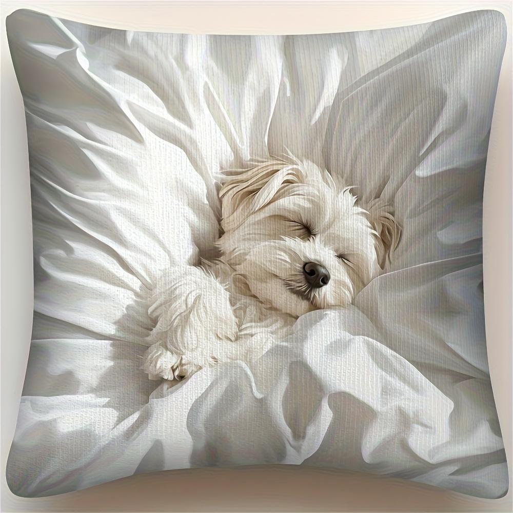 

Sleeping White Puppy Pillowcase Cute Fluffy Dog Cushion Cover Cozy Animal Print Home Decor Bedroom Sofa Throw Pillow 40cmx40cm
