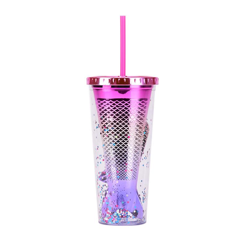 Double Layer Plastic Cup Creative Gradual Change Mermaid Tail Straw Cup Appearance Electroplating Color Sequined Water Cup