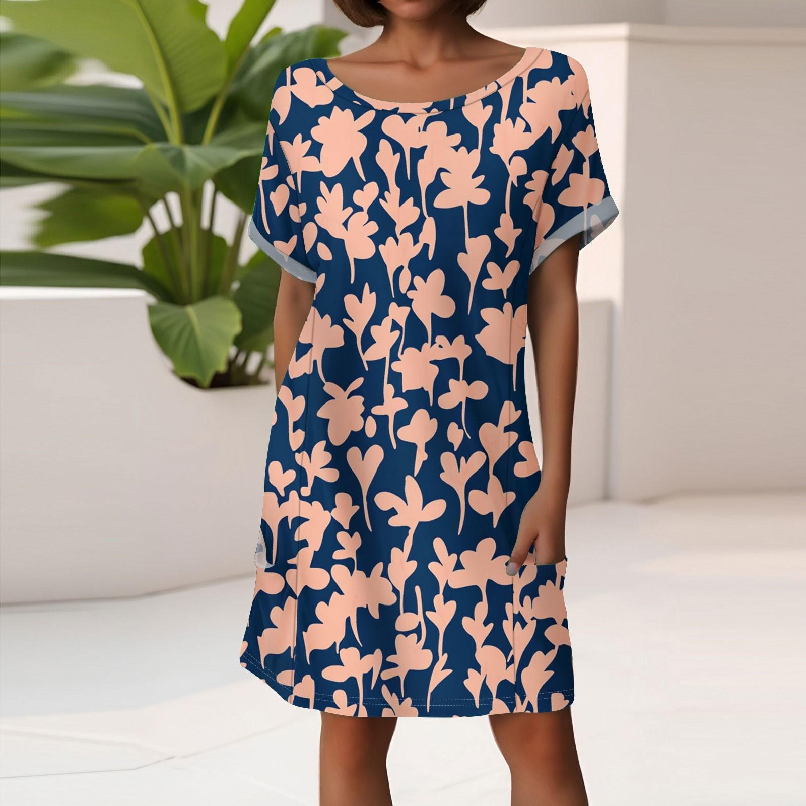 

Women s Fashion Short Sleeve Dress With Pockets Floral Print Casual Beach Dress XL небо синє кольору