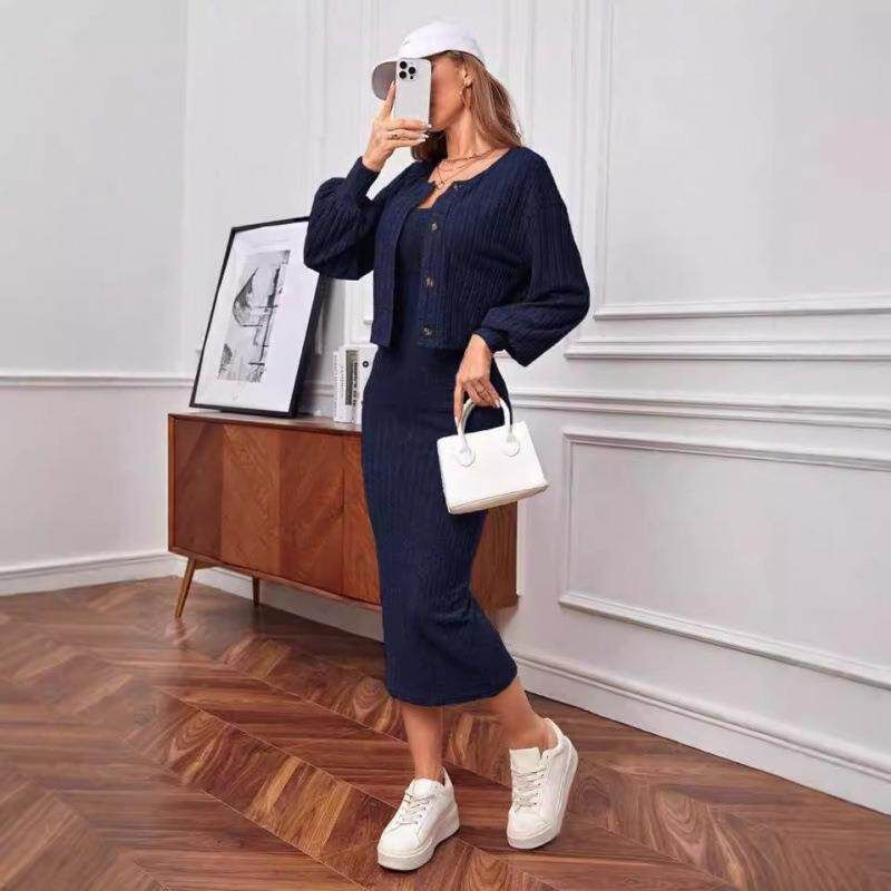 New Comfortable Casual Jacket Dress Two-Piece Set Royal Blue M