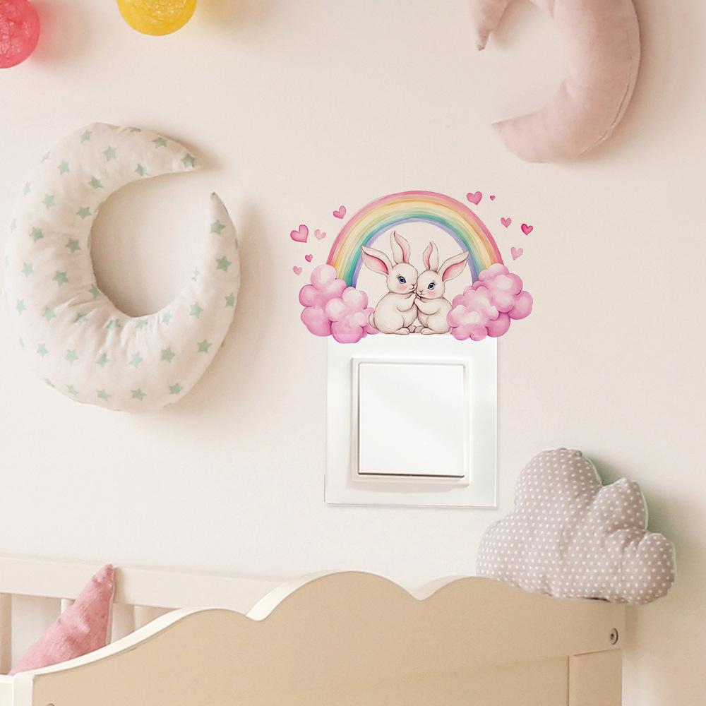 Cartoon Couple Rabbit Rainbow Bedroom Living Room Switch Background Beautification Wall Stickers